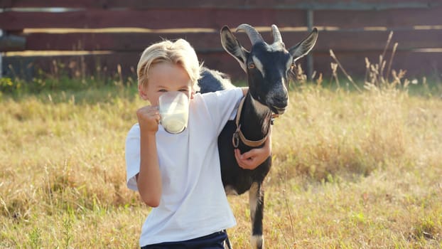 The boy drinks goat milk from a mug and hugs his beloved goat