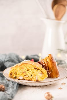 Bolo do Rei or King's Cake, Made for Christmas, Carnavale or Mardi Gras with Christmas season elements in Background.