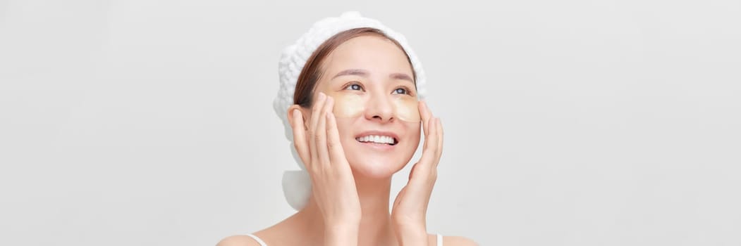 Banner of romantic woman face with under eye patches from dark-circles and tired skin look.