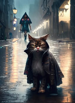 Funny cat in raincoat on the street. Rainy day cats concept.