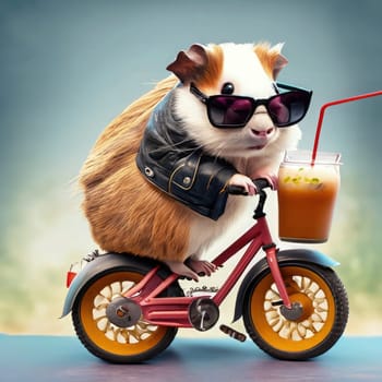 Cute guinea rodent domestic cavy riding a tricycle with a glass of juice