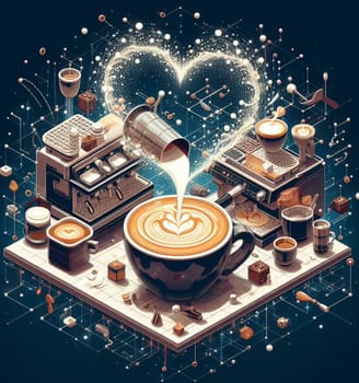 make latte art golden cappuccino at bar expert barista splashing cream fantasy illustration render art generated