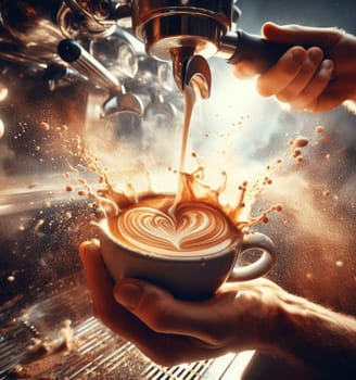 make latte art golden cappuccino at bar expert barista splashing cream fantasy illustration render art generated