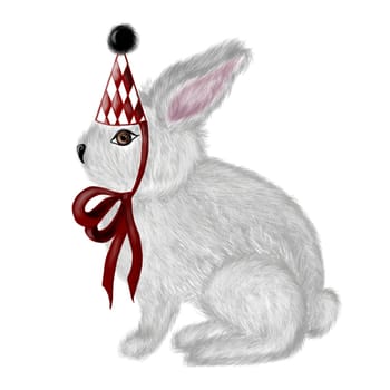 Watercolor illustration of a cute white bunny in a vintage red cap isolate on a white background. Pretty Rabbit for designing postcards and children's cards. Hand drawing magical animal. High quality photo