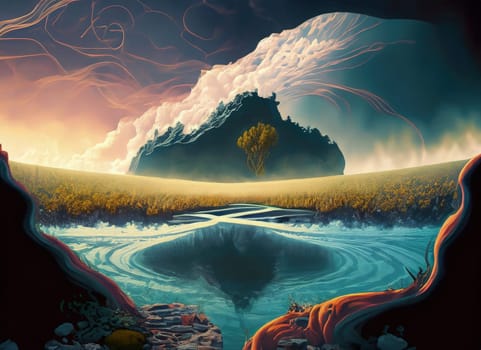 Fantasy landscape with lake and mountains. 3D illustration. Digital painting.