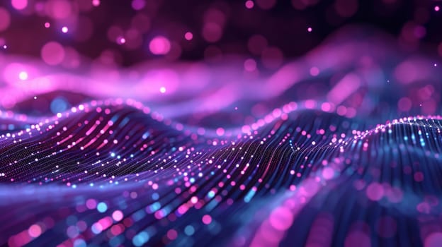 Network technologies. Futuristic tech purple background 3d illustration with glowing particles AI