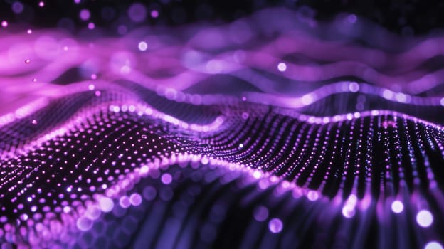 Network technologies. Futuristic tech purple background 3d illustration with glowing particles AI