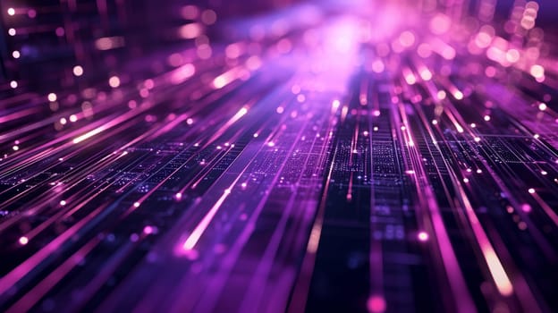 Network technologies. Futuristic tech purple background 3d illustration with glowing particles AI