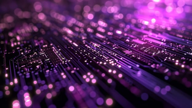 Network technologies. Futuristic tech purple background 3d illustration with glowing particles AI