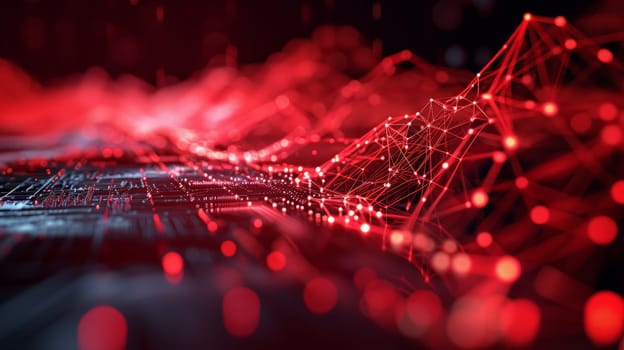 Network technologies. Futuristic tech red background 3d illustration with glowing particles AI