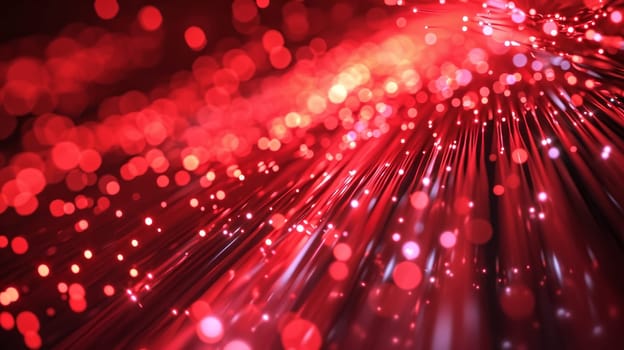 Network technologies. Futuristic tech red background 3d illustration with glowing particles AI