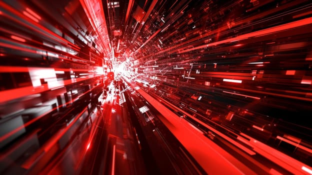 Network technologies. Futuristic tech red background 3d illustration with glowing particles AI