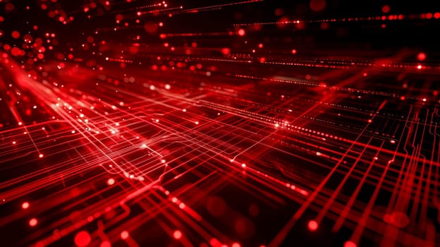 Network technologies. Futuristic tech red background 3d illustration with glowing particles AI