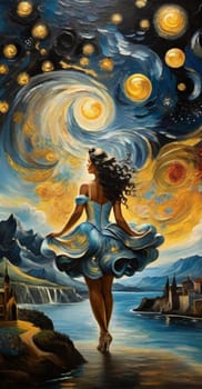 Dreamlike scene blending the swirling impressionist sky, europa village on the background, a carved fantastical female voluptous creature in elegant gala party dress, curly hairstyle, ai art generated