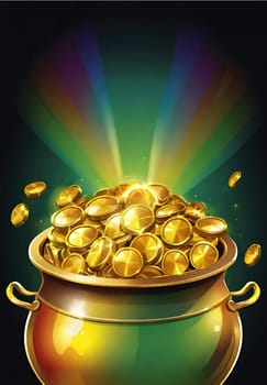 Pot of gold with rainbow and coins. Pot full of gold coins on a rainbow background. Vector illustration.Illustration of a magic pot full of gold coins with rainbow background.