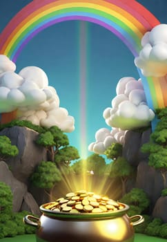 Pot of gold with rainbow and coins. Pot full of gold coins on a rainbow background. Vector illustration.Illustration of a magic pot full of gold coins with rainbow background.