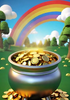 Pot of gold with rainbow and coins. Pot full of gold coins on a rainbow background. Vector illustration.Illustration of a magic pot full of gold coins with rainbow background.