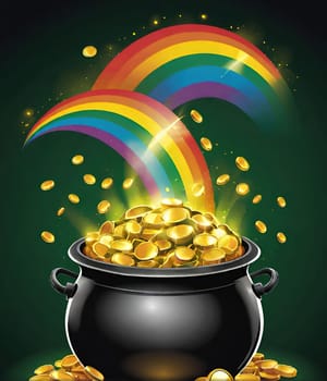 Pot of gold with rainbow and coins. Pot full of gold coins on a rainbow background. Vector illustration.Illustration of a magic pot full of gold coins with rainbow background.