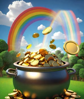 Pot of gold with rainbow and coins. Pot full of gold coins on a rainbow background. Vector illustration.Illustration of a magic pot full of gold coins with rainbow background.