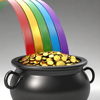 Pot of gold with rainbow and coins. Pot full of gold coins on a rainbow background. Vector illustration.Illustration of a magic pot full of gold coins with rainbow background.