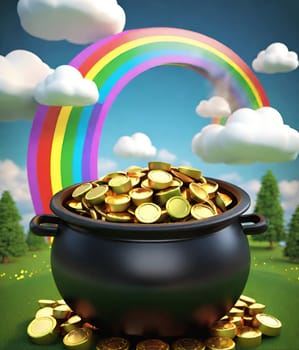 Pot of gold with rainbow and coins. Pot full of gold coins on a rainbow background. Vector illustration.Illustration of a magic pot full of gold coins with rainbow background.