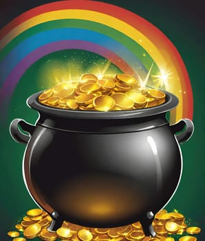 Pot of gold with rainbow and coins. Pot full of gold coins on a rainbow background. Vector illustration.Illustration of a magic pot full of gold coins with rainbow background.