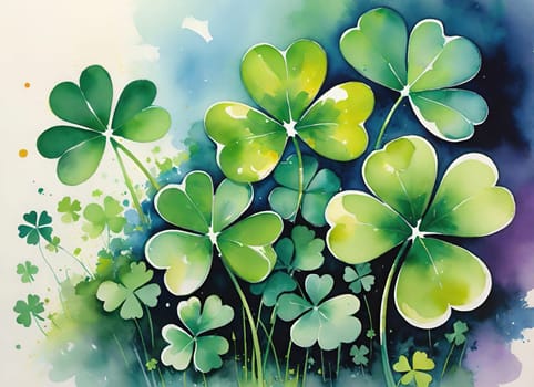 Illustration of a clover .Shamrock. Background with clover leaves. St. Patrick's Day.Illustration of a four-leaf clover. Abstract background with clover.Glowing green shamrock.