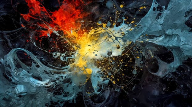 A dynamic abstract explosion of colors, combining elements of fire and ice with fluid forms