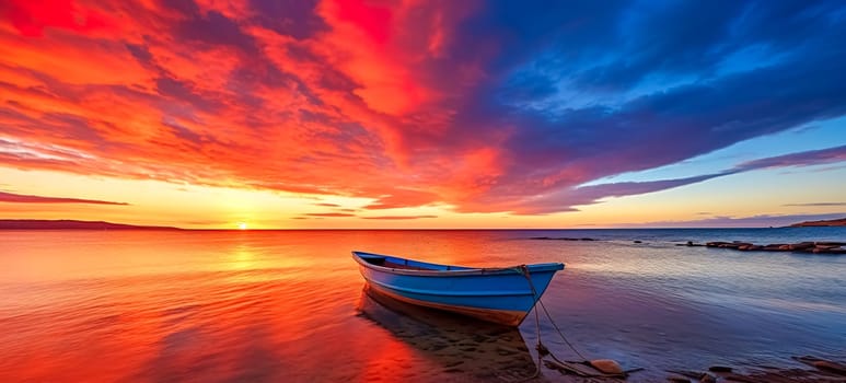 Dramatic sunset over the ocean with a solitary blue boat on the shore. banner with copy space