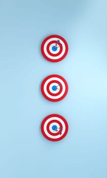 Row dart hitting target on blue background. Bullseye success concept. 3d rendering.Vertical Size.