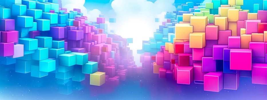 cubes in a gradient of hues, reminiscent of a modern, vibrant interpretation of Tetris blocks. It's not actual pixel art but gives a similar structured and geometric feel, 3D banner