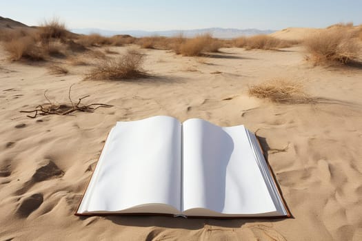 An open book with blank white pages in the desert.