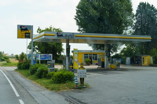 Parma, Italy - June 14, 2023: Eni gas station of the Italian oil company next to the road.