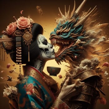 A tatooed woman geisha confronting a fierce male golden dragon snake, surreal art for chinese new year celebration, valentines or muertos halloween darl fantasy sceneAI generated