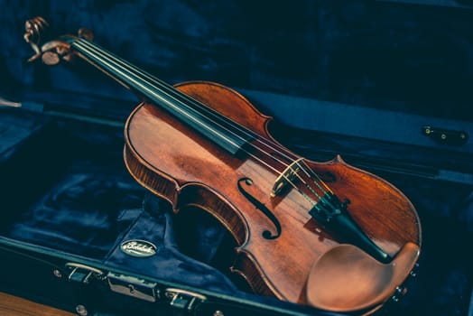 Violin with bow in violin case