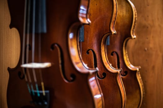 Row of multiple violins hanging on the wall