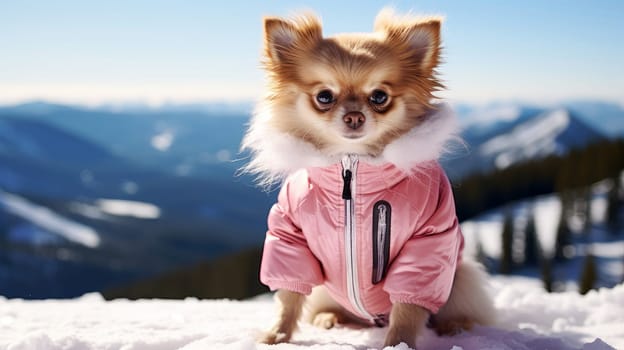 A happy active small, cheerful dog in a pink jacket and glasses runs through the snow overlooking a snowy landscape of a forest and mountains, at a ski resort. traveling around the world recreation, winter sports, vacations, tourism in unusual places