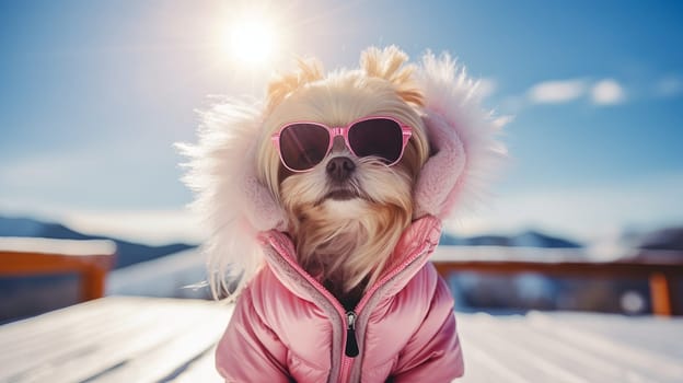 A happy active small, cheerful dog in a pink jacket and glasses runs through the snow overlooking a snowy landscape of a forest and mountains, at a ski resort. traveling around the world recreation, winter sports, vacations, tourism in unusual places