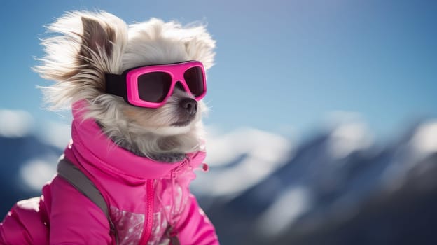 A happy active small, cheerful dog in a pink jacket and glasses runs through the snow overlooking a snowy landscape of a forest and mountains, at a ski resort. traveling around the world recreation, winter sports, vacations, tourism in unusual places