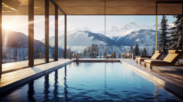 Swimming pool with panoramic windows in an ecological chalet hotel at an alpine ski resort overlooking the snowy landscape and mountains. Concept of traveling around the world, recreation, winter sports, vacations, tourism in the unusual places.