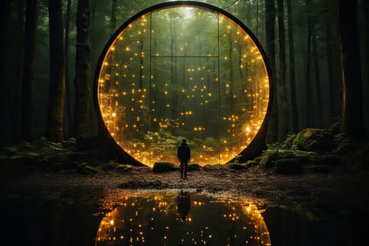 Glowing portal in an eerie foggy forest, science fiction concept.