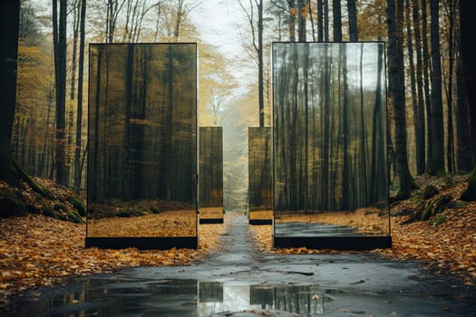 Large mirrors on the road in the autumn forest.