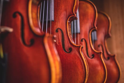 Row of multiple violins hanging on the wall