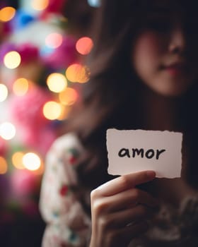 female hand holding a sign with spanish word amor or love , bokeh background lights, valentines concept generated ai art