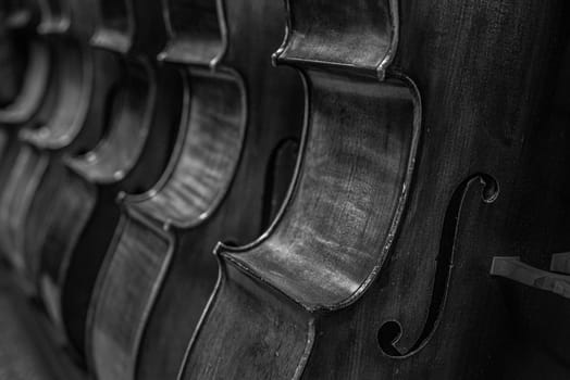 close up of a Row of multiple cellos standing on the floor