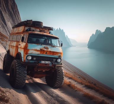 rusty dirt offroad 4x4 lifted vintage custom camper conversion jeep overlanding in mountain roads, nomadic lifestyle, adventure living, ai generated