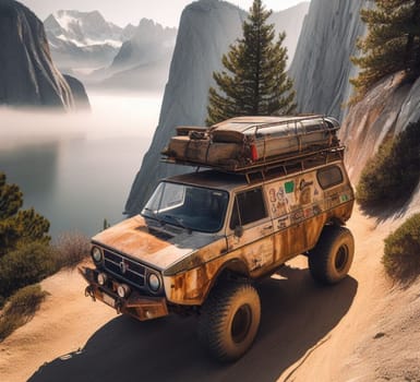 rusty dirt offroad 4x4 lifted vintage custom camper conversion jeep overlanding in mountain roads, nomadic lifestyle, adventure living, ai generated