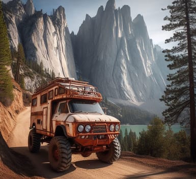 rusty dirt offroad 4x4 lifted vintage custom camper conversion jeep overlanding in mountain roads, nomadic lifestyle, adventure living, ai generated