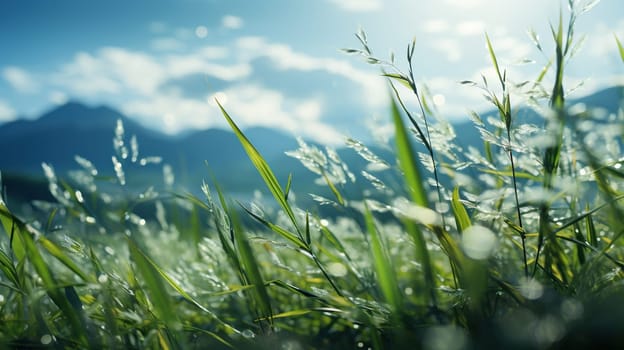 Double exposure shot of green grass in front of the mountains.