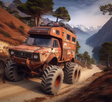 rusty dirt offroad 4x4 lifted vintage custom camper conversion jeep overlanding in mountain roads, nomadic lifestyle, adventure living, ai generated